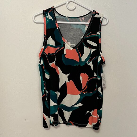 Nine West Blouse Sleeveless Black with Pink and Green Size L NWT - Picture 1 of 3